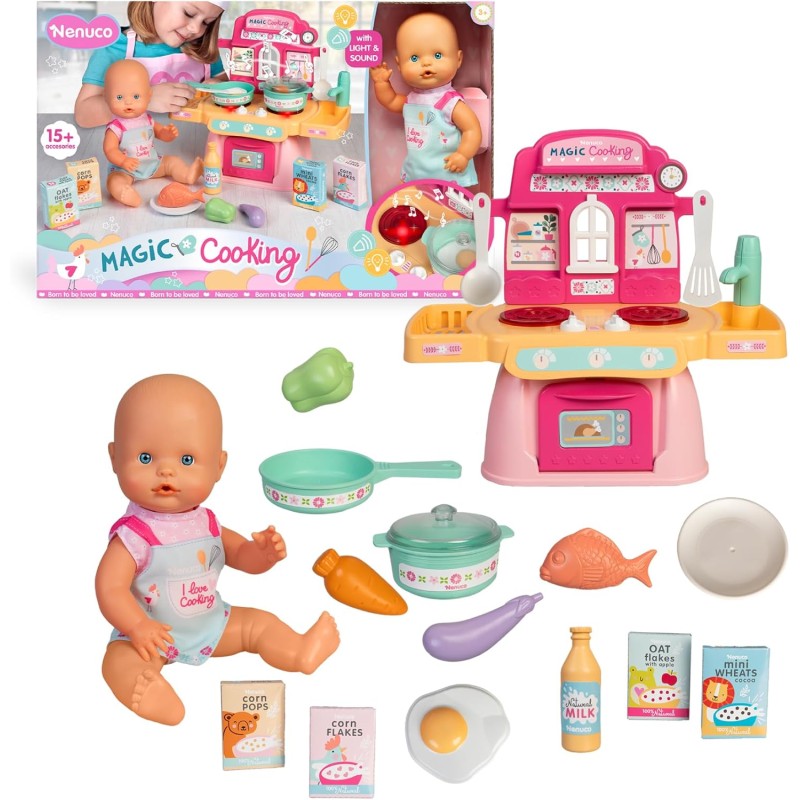 Famosa NFNE3000 Nenuco Magic Cooking, Bambola 30 cm, corpo rigido, con piccola cucina con luci e suoni e accessori,+3 anni