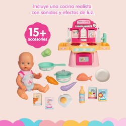 Famosa NFNE3000 Nenuco Magic Cooking, Bambola 30 cm, corpo rigido, con piccola cucina con luci e suoni e accessori,+3 anni