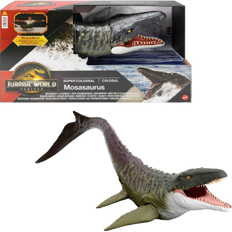 Mattel Jurassic World Rebirth - Mosasauro Super Colossale, enorme dinosauro snodato con due mosse d attacco, look fedele al fil