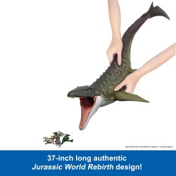 Mattel Jurassic World Rebirth - Mosasauro Super Colossale, enorme dinosauro snodato con due mosse d attacco, look fedele al fil