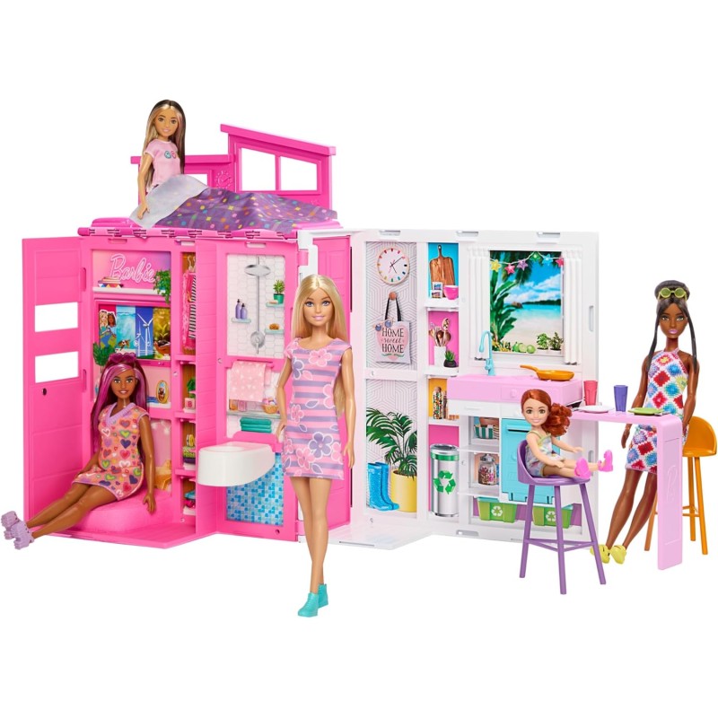 Mattel Barbie - Loft Casa Delle Vacanze, Plyaset con Bambola Bionda Inclusa e 4 Aree di Gioco, 11 Accessori e Tante Stanze Arre