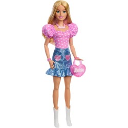 Mattel Barbie - Grande Amica, bambola bionda alta 71 cm con top rosa, gonna in denim e stivali da cowboy, collana, borsetta e a
