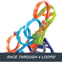Hot Wheels - Mega Loop Super Scontri, pista ripiegabile con 3 anelli, zona di scontro a 3 corsie e boost motorizzato, include u