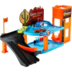 Mattel CARS - Garage Fluo di Cooper Canyon, playset Glow Racers a 2 piani con 3 auto luminose incluse, officina e ascensore fun
