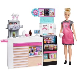 Mattel Barbie - Playset La Caffetteria, con Bambola Curvy Bionda, Macchina per Caffè, Bancone e Oltre 20 Accessori, GMW03