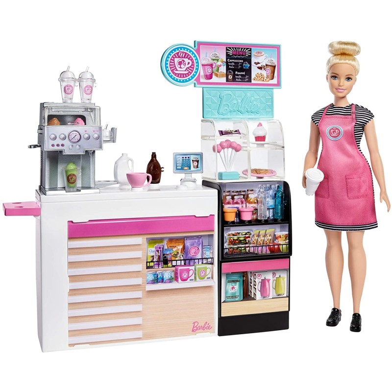 Mattel Barbie - Playset La Caffetteria, con Bambola Curvy Bionda, Macchina per Caffè, Bancone e Oltre 20 Accessori, GMW03