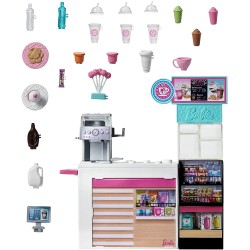 Mattel Barbie - Playset La Caffetteria, con Bambola Curvy Bionda, Macchina per Caffè, Bancone e Oltre 20 Accessori, GMW03