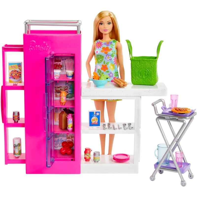 Barbie - Dispensa dei Sogni, playset estensione della cucina di Barbie con bambola inclusa e 25+ accessori, mobili per casa del