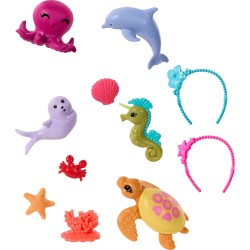 Mattel - Mermaid Barbie Dolls - Confezione da 2: animali marini, fasce per capelli e accessori oceanici Barbie, HRG71