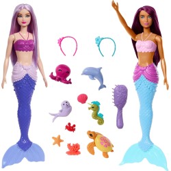Mattel - Mermaid Barbie Dolls - Confezione da 2: animali marini, fasce per capelli e accessori oceanici Barbie, HRG71