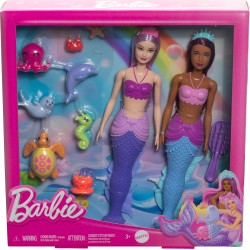 Mattel - Mermaid Barbie Dolls - Confezione da 2: animali marini, fasce per capelli e accessori oceanici Barbie, HRG71