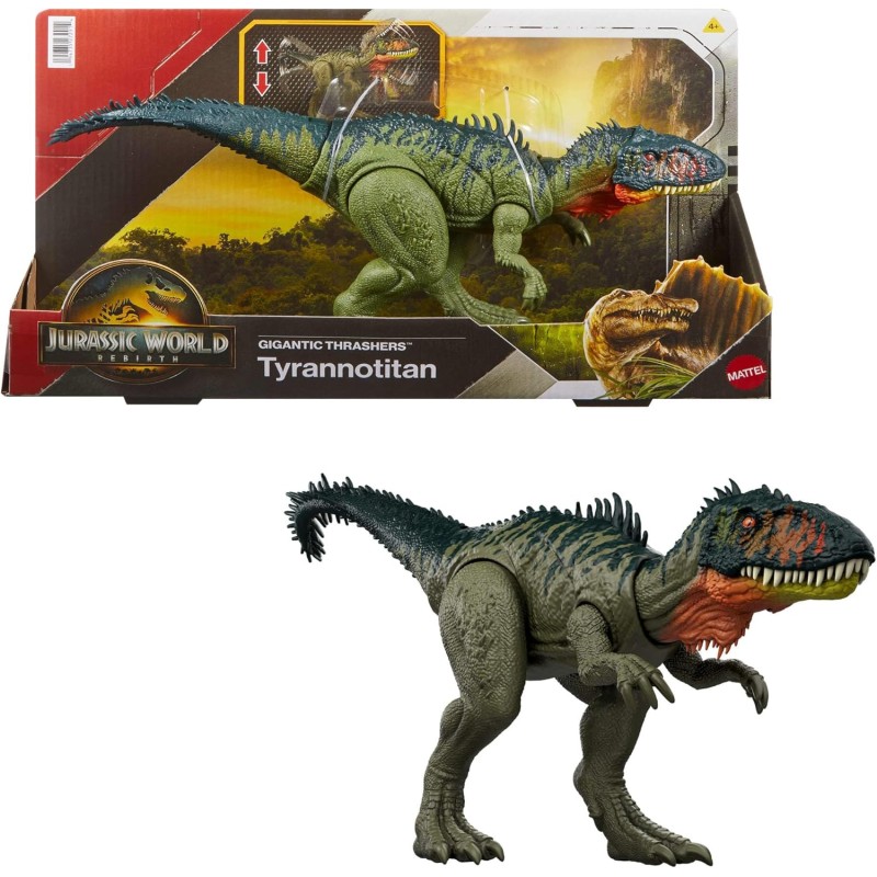 Mattel Jurassic World La Rinascita, Predatori Giganti, dinosauro giocattolo Tirannotitano, 2 attacchi furiosi attivati dalla co