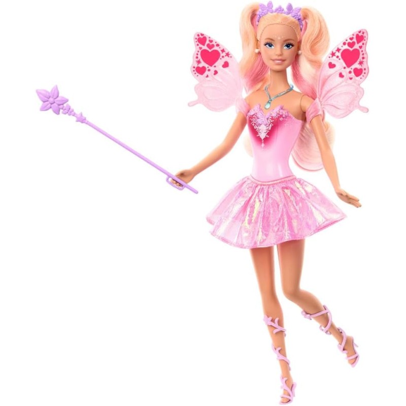 Barbie - Fata con bacchetta stellata, bambola a tema fantasy con capelli bondi, ali e outfit cambia colore in acqua calda e fre