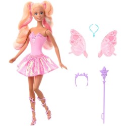 Barbie - Fata con bacchetta stellata, bambola a tema fantasy con capelli bondi, ali e outfit cambia colore in acqua calda e fre