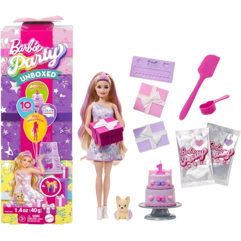 Barbie Party Surprise - Birthday Bows, bambola con 10 accessori a sopresa, effetto cambia colore e decorazioni per la torta, JF