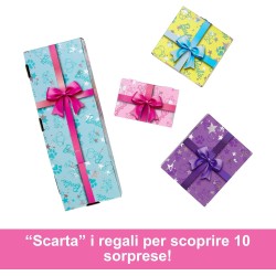 Barbie Party Surprise - Birthday Bows, bambola con 10 accessori a sopresa, effetto cambia colore e decorazioni per la torta, JF
