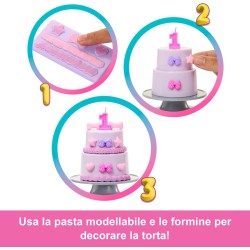 Barbie Party Surprise - Birthday Bows, bambola con 10 accessori a sopresa, effetto cambia colore e decorazioni per la torta, JF