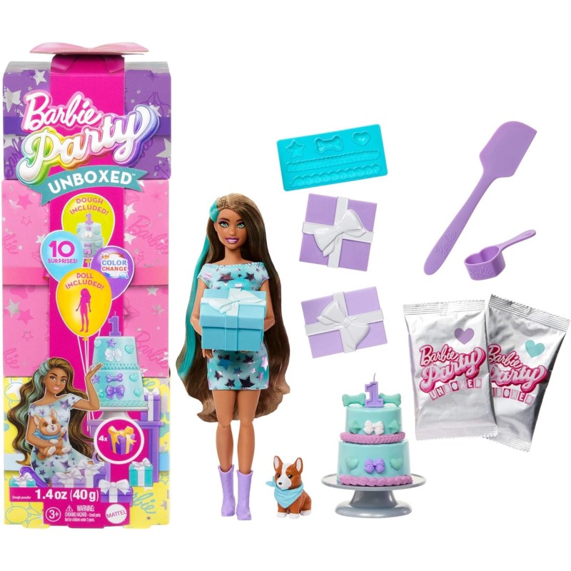 Barbie Party Surprise - Party Stars, bambola con 10 accessori a sopresa, effetto cambia colore e decorazioni per la torta, gioc