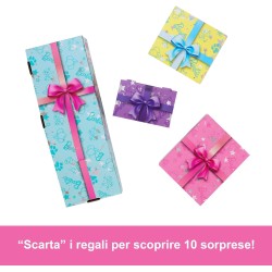 Barbie Party Surprise - Party Stars, bambola con 10 accessori a sopresa, effetto cambia colore e decorazioni per la torta, gioc