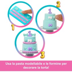 Barbie Party Surprise - Party Stars, bambola con 10 accessori a sopresa, effetto cambia colore e decorazioni per la torta, gioc