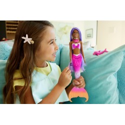 Barbie - Sirena Brooklyn, bambola con lunghi capelli rosa e funzione cambia colore in acqua, cucciolo di delfino e accessori pe