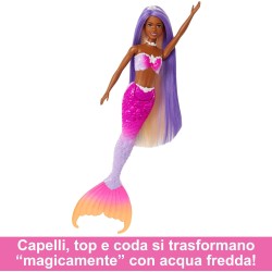 Barbie - Sirena Brooklyn, bambola con lunghi capelli rosa e funzione cambia colore in acqua, cucciolo di delfino e accessori pe