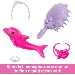 Barbie - Sirena Brooklyn, bambola con lunghi capelli rosa e funzione cambia colore in acqua, cucciolo di delfino e accessori pe