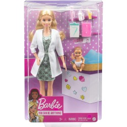 Barbie - Playset Pediatra con Bambola Barbie Bionda e Neonata, Stetoscopio, Termometro, Oscilloscopio, Cartella Clinica, Copert