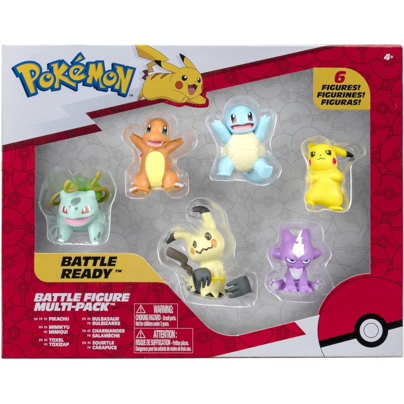 Pokémon - Confezione da 6 Personaggi della Battaglia: Pikachu, Squirtle, Charmander, Bulbasaur, Mimikyu & Toxel - Dettagli Aute