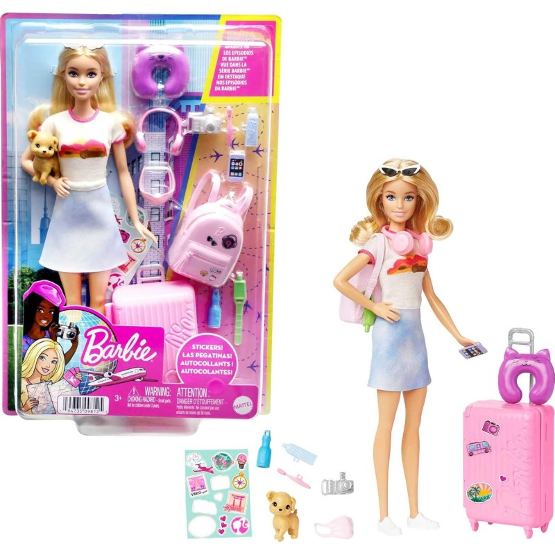 Barbie - Set da viaggio Malibu, Bambola e accessori, con cagnolino e oltre 10 pezzi, valigie funzionanti incluse, HJY18
