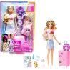 Barbie - Set da viaggio Malibu, Bambola e accessori, con cagnolino e oltre 10 pezzi, valigie funzionanti incluse, HJY18