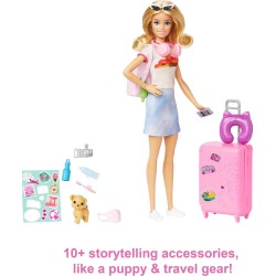 Barbie - Set da viaggio Malibu, Bambola e accessori, con cagnolino e oltre 10 pezzi, valigie funzionanti incluse, HJY18