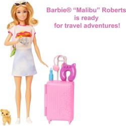 Barbie - Set da viaggio Malibu, Bambola e accessori, con cagnolino e oltre 10 pezzi, valigie funzionanti incluse, HJY18
