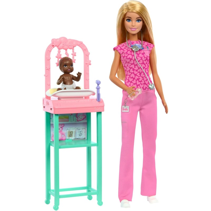 Barbie Carriere - Pediatra, set bambola bionda con divisa da medico rosa e un neonato, stetoscopio, mobili e accessori inclusi,