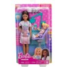 Barbie Bambola dentista con bambola bruna alla moda con vestito blu e cappotto da laboratorio, mobili e accessori per medici, J