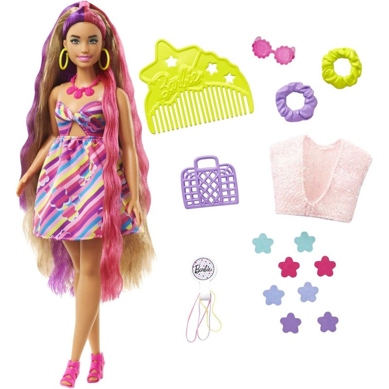 Barbie - Super Chioma bambola curvy con abito a fiori, capelli fantasia lunghi 21,6 cm, 15 accessori alla moda - 8 con effetto