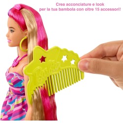 Barbie - Super Chioma bambola curvy con abito a fiori, capelli fantasia lunghi 21,6 cm, 15 accessori alla moda - 8 con effetto