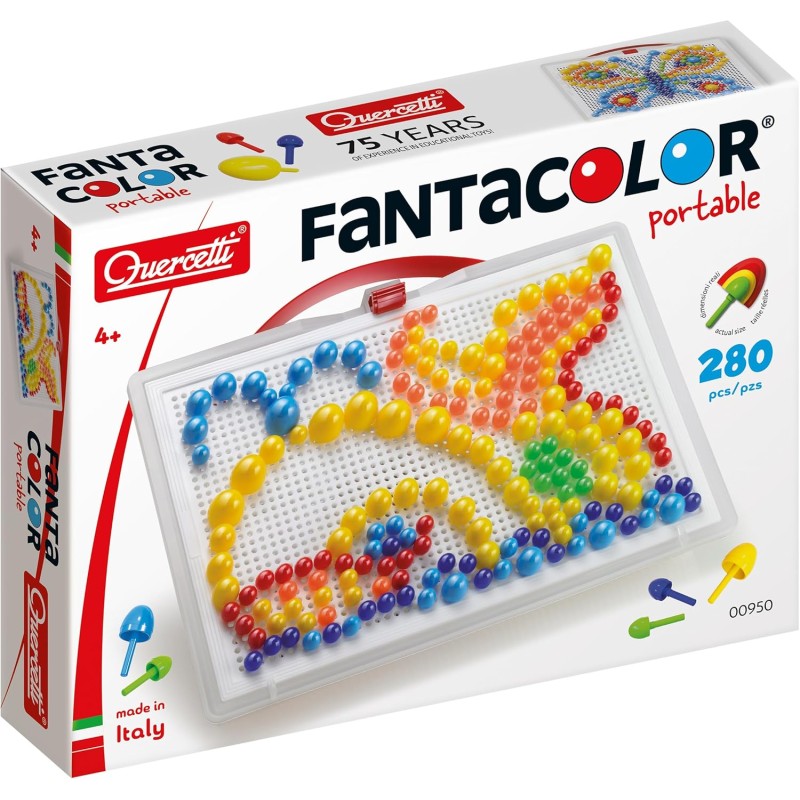 Quercetti Fantacolor Portable Large 280 Chiodini Colorati, Giochi Educativi, Giochi da Tavolo Bambini con Valigetta con Tavolet