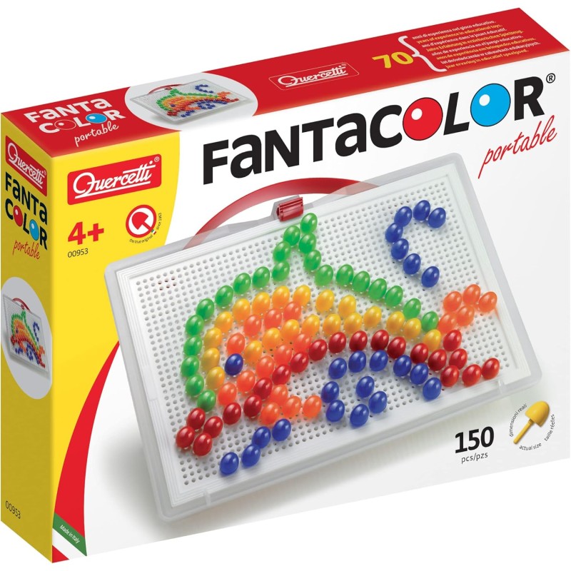Quercetti - Fantacolor Portable – Gioco di Mosaico Educativo con Chiodini Colorati 10-15-20mm - Set Portatile - Stimola Creativ