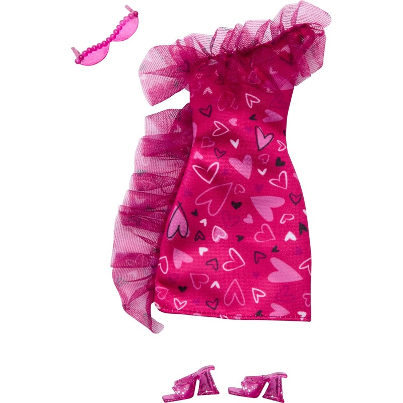 Mattel - Indumento per bambola Barbie - Confezione 1 - Abito da sera con volant stampato a cuore, occhiali, tacchi rosa, abbigl