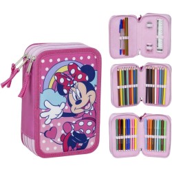 Astuccio scuola per bambini di Minnie Mouse - Colore rosa - Chiusura a cerniera - 12,5 x 6,5 x 19,5 cm - Triplo scomparto - Inc