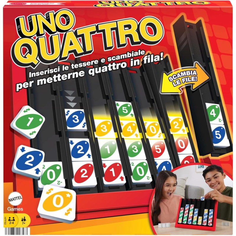 Mattel Games - UNO Quattro, combina l abilità di abbinare il colore o il numero alla sfida di posizionare quattro tessere in fi