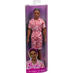 Barbie - Ken Fashionistas n. 235, bambola con capelli castani raccolti in trecce, tuta corallo con stampa hawaiana e sandali ve