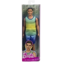 Barbie - Ken Fashionistas n. 236, bambola con capelli neri, canotta blu e verde sfumata, shorts in jeans e sneaker argento, HYV