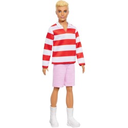 Barbie - Ken Fashionistas n. 241, bambola con capelli biondi, polo a righe bianche e rosse, shorts rosa, calze bianche e scarpe