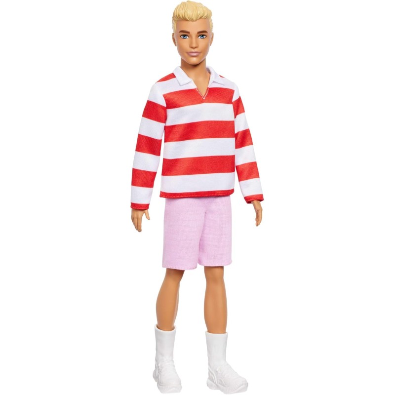 Barbie - Ken Fashionistas n. 241, bambola con capelli biondi, polo a righe bianche e rosse, shorts rosa, calze bianche e scarpe