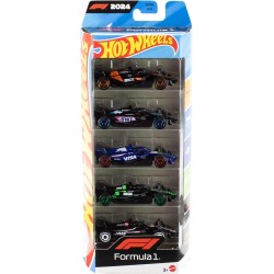 Hot Wheels Formula 1, Set da 5 macchinine auto da corsa, cinque veicoli die-cast in scala 1:64 con decorazioni dei team di cors