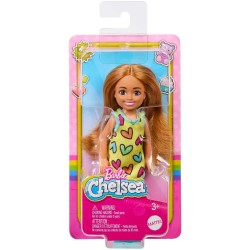 Barbie - Mini Bambola Chelsea, alta 15 cm, coda bionda e occhi azzurri, con abito rimovibile giallo con stampe a cuoricini, sca