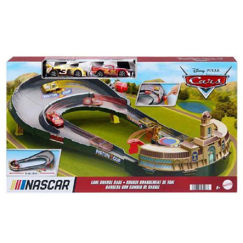 Mattel - Disney Cars Nascar Pista Gara con cambio di corsia che include 2 veicoli