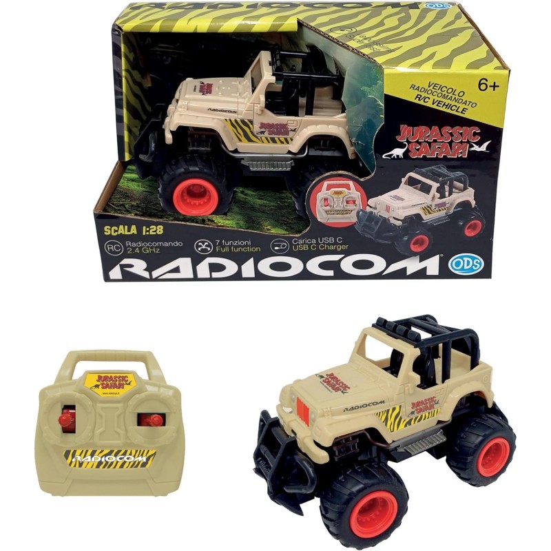 Jurassic Safari Auto RC sc. 1:28 RC 2.4 Ghz, fuoristrada, 7 funzioni ruote mordbide carica USB C